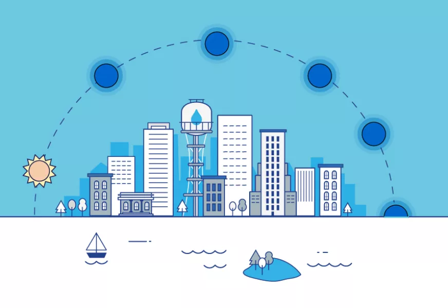 Ilustración representando la ciudad y la mañana.