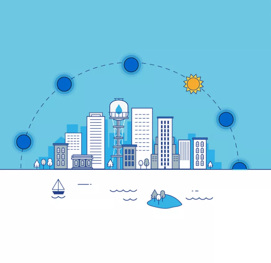 Ilustración representando la ciudad y la tarde